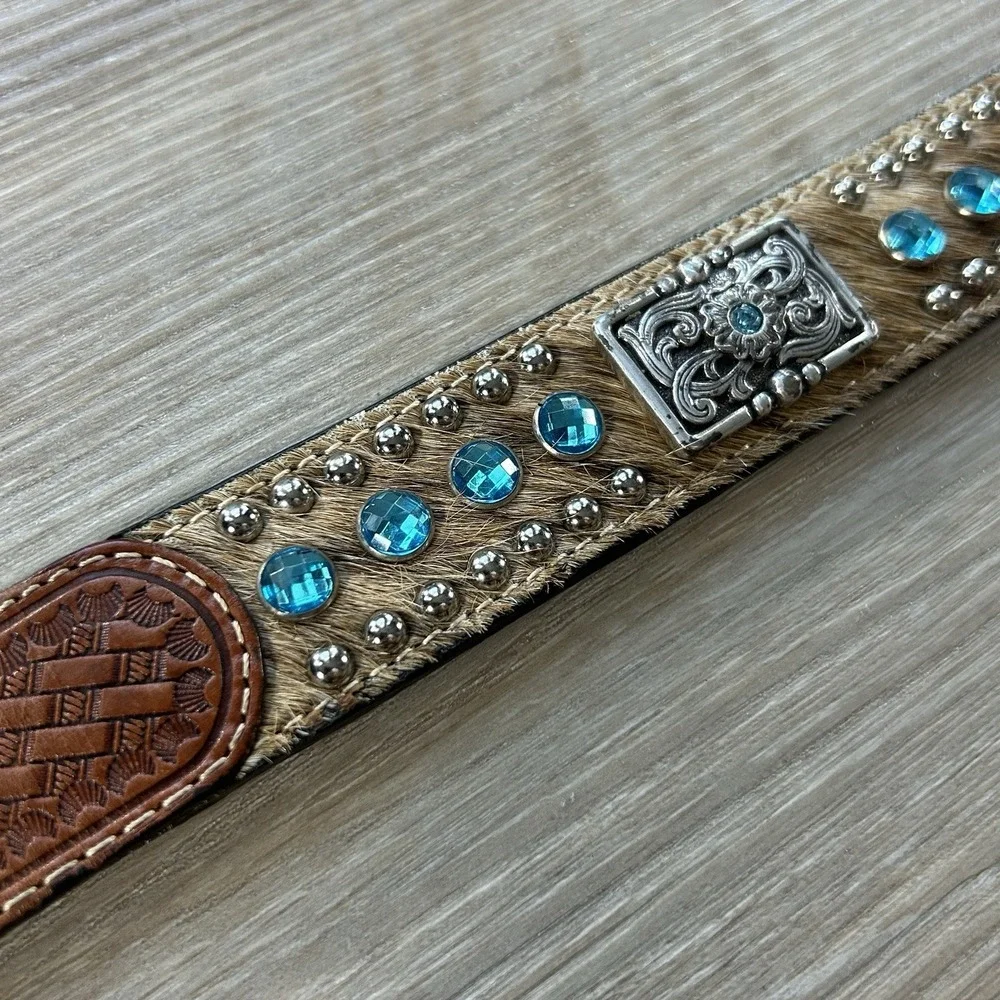 NOCONA Men 26 Leather Calf Hair-On-Hide Blue Crystals Concho Western Cowboy Belt